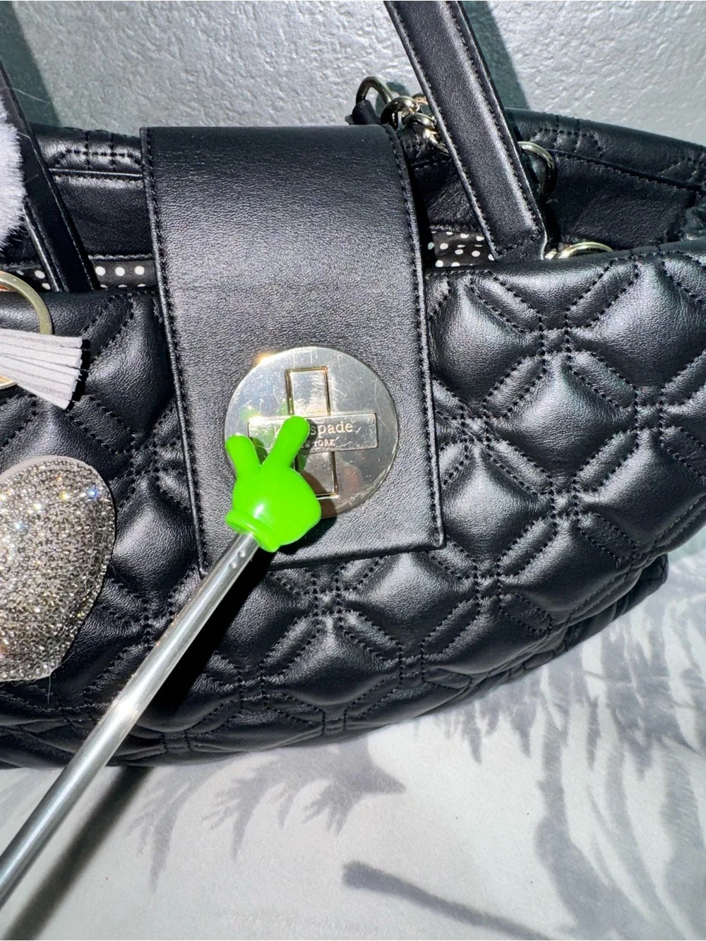kate spade Black Quilted Shoulder Bag with Gold Hardware and Heart Charm